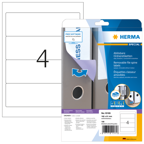 Abziehbare Ordneretiketten von Herma, Packung mit 100 Etiketten, Größe 128 x 18 mm, für einfache Beschriftung von Ordnern.