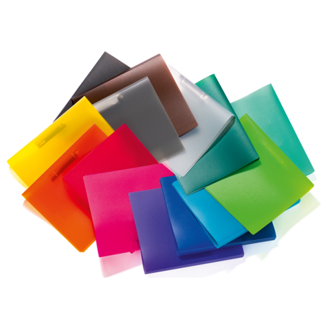 Bunte, transparente Ordner in verschiedenen Farben, übereinander gestapelt.