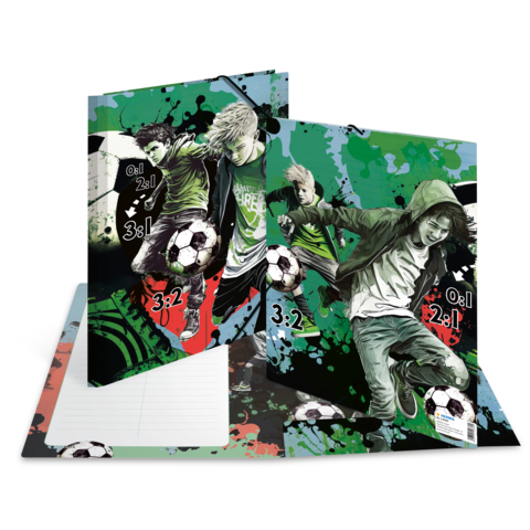 Ordner mit Fußballmotiven, der zwei spielende Kinder in Aktion zeigt, umgeben von bunten Spritzern und Zahlen, die Spielstände darstellen.