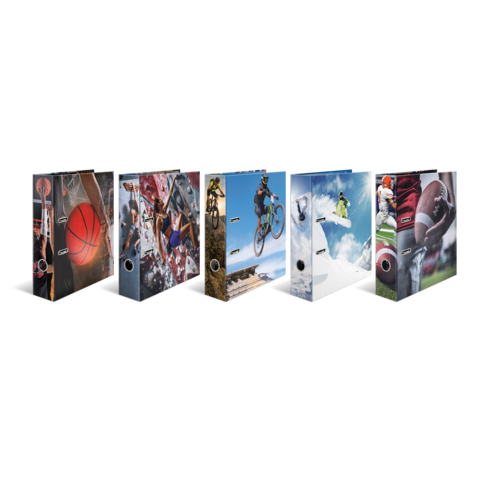 Sechs Ordner mit verschiedenen Sportmotiven, darunter Basketball, Radfahren, Snowboarden und American Football.