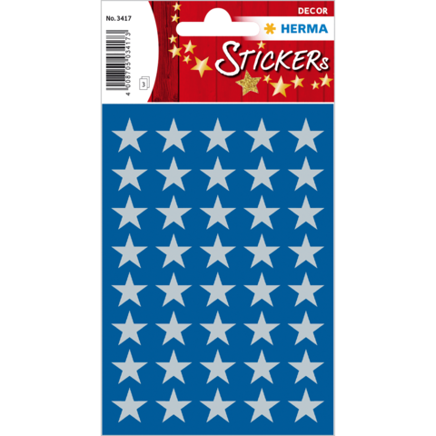 Blaue Sticker mit weißen Sternen, angeordnet in einem Raster. Verpackung zeigt die Marke Herma und die Artikelnummer.