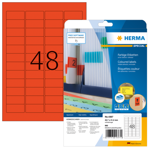 Rote Etiketten auf einem Bogen mit 48 farbigen Etiketten, verpackt in einer transparenten Hülle mit Informationen und Softwarehinweis.