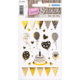 Goldene Aufkleber mit Geburtstagsmotiven, darunter Luftballons, Herzen, eine Torte und Wimpel in verschiedenen Designs.