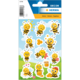 Colorful stickers featuring cartoonish bees in various poses, surrounded by flowers, honey, and other sweet elements.
