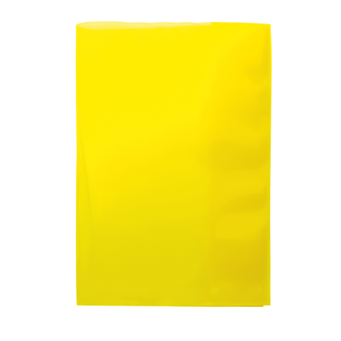 Ein leuchtend gelbes, glänzendes Blatt Papier oder Kunststoff, das aufrecht steht.