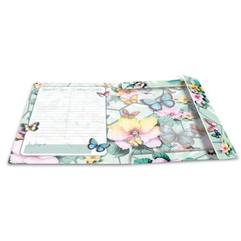 A blank notebook with colorful butterflies and floral patterns on the pages. One page features empty spaces for notes.