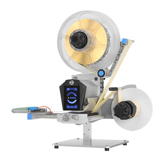 Labelling machine with rollers for labels, control unit, and unwind. Suitable for precise labelling of products.