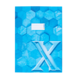 Blaues Heft mit hexagonalem Muster und einer großen, weißen "X"-Zahl auf der Vorderseite. Oben ist ein Feld für Beschriftungen.