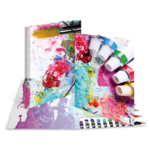 Ein offenes Skizzenbuch mit bunten Farbklecksen und Pinsel, daneben stehen Tuben mit Acrylfarben in verschiedenen Farben.