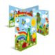 Bunte Ordner mit Tiermotiven, darunter Käfer, Schmetterlinge und eine Raupe, umgeben von einer fröhlichen Landschaft mit Sonne und Regenbogen.