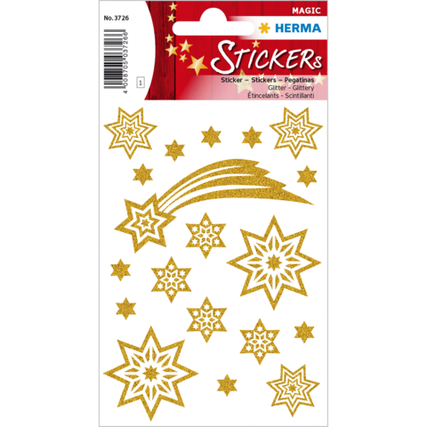 Goldene Glitzersticker in Form von Sternen und Sternschnuppen auf einem weißen Hintergrund, ideal für Bastelprojekte.