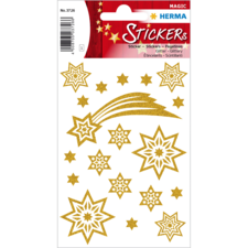Goldene Glitzersticker in Form von Sternen und Sternschnuppen auf einem weißen Hintergrund, ideal für Bastelprojekte.