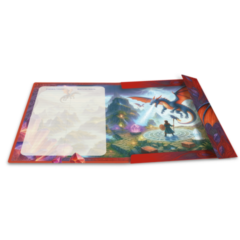An open notebook featuring an imaginative landscape, dragons, and a mystical lake. A blank page is visible.