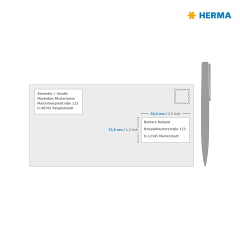 Briefbeschreibung einer Postkarte mit Absender- und Empfängerdaten sowie Maßangaben für die Adresse. Logo von HERMA oben rechts.
