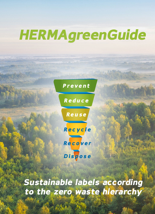 HERMAgreenGuide with information on sustainable labels according to the waste hierarchy and an overview of eco-friendly practices.