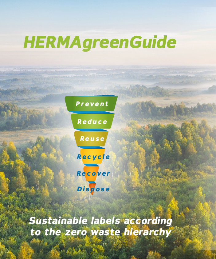 HERMAgreenGuide with information on sustainable labels according to the waste hierarchy and an overview of eco-friendly practices.