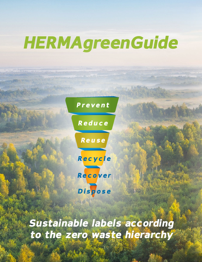 HERMAgreenGuide with information on sustainable labels according to the waste hierarchy and an overview of eco-friendly practices.