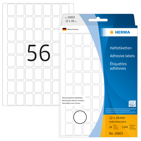 Haftetiketten von Herma, 12 x 18 mm, 24 Stück, mit der Nummer 56 auf einem Etikett. Verpackung zeigt Produktdetails und Anwendungshinweise.