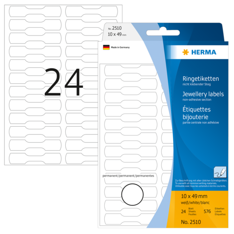 Ringetiketten in einer Packung mit 24 nicht klebenden Etiketten, Größe 10 x 49 mm, von der Marke HERMA, hergestellt in Deutschland.