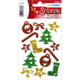 Glitzernde Weihnachtsaufkleber in verschiedenen Formen, darunter Tannenbäume, Sterne, Geschenkbänder und Weihnachtsmann-Motive.