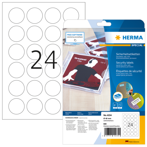 Sicherheitsetiketten von Herma, Packung mit 600 Etiketten, Durchmesser 40 mm, inklusive Softwarehinweis.