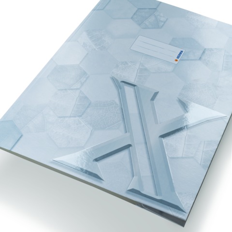 Ein blauer Ordner mit einem hexagonalen Muster und einer strukturierten Oberfläche, versehen mit einem beschriftbaren Etikett.
