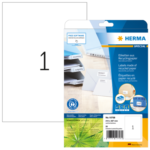 Etikettenpackung aus Recyclingpapier mit der Aufschrift "HERMA SPECIAL" und Informationen zu den Etiketten.