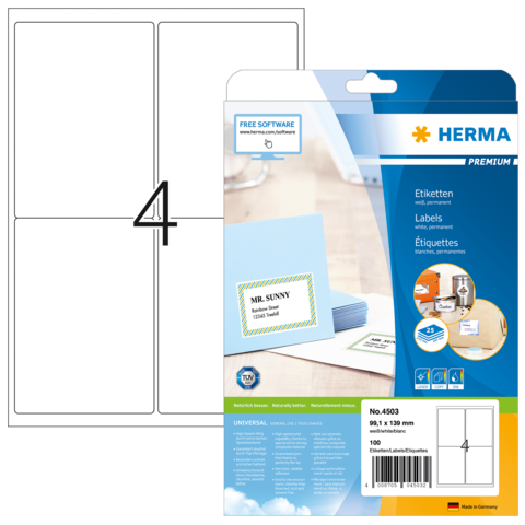 Etikettenpackung von Herma mit vier leeren Etiketten und einem Beispieletikett mit dem Text "MR. SUNNY".