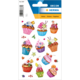 Bunte Aufkleber mit verschiedenen Cupcakes, verziert mit Sahne, Früchten und Schokolade, auf einem weißen Hintergrund.