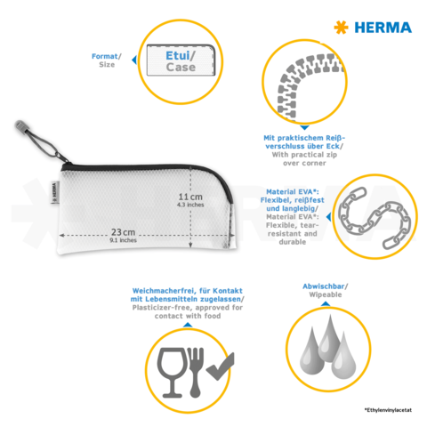 Helle, weiße Etui mit Reißverschluss, aus flexiblem EVA-Material, für Lebensmittelkontakt geeignet, abwischbar und langlebig.