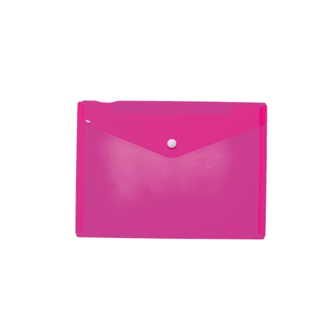 Rosa Kunststoffmappe mit Druckknopfverschluss, geeignet zur Aufbewahrung von Dokumenten oder Notizen.