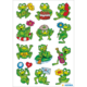 Eine Sammlung von bunten Fröschen in verschiedenen Posen, die Blumen halten, feiern, musizieren und Freude ausdrücken.
