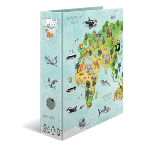 Ein Ordner mit einer bunten Weltkarte, die verschiedene Tiere und Regionen zeigt, einschließlich der Polarregionen und Antarktis.