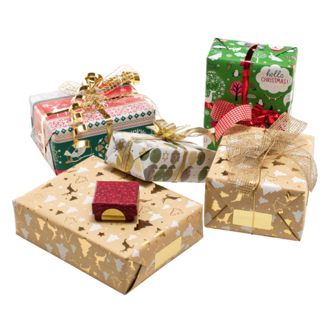 Verschiedene weihnachtlich verpackte Geschenke in buntem Papier und mit Schleifen, darunter ein kleiner roter Geschenkbox.