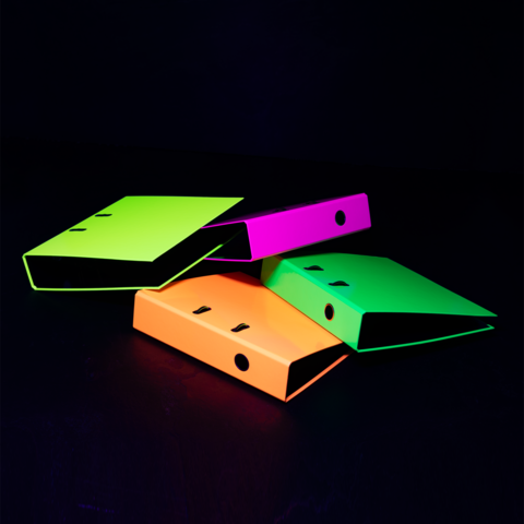 Colorful binders in neon colors (green, pink, orange) are stacked on a dark background.
