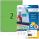 Grüne Etikettenpackung mit der Aufschrift "2" und Informationen zu farbigen Etiketten von Herma. Enthält Software-Hinweis.