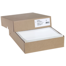 Braune Kartonbox mit einem weien Inhalt, der teilweise sichtbar ist. Auf der Box befindet sich ein Etikett mit Produktinformationen.