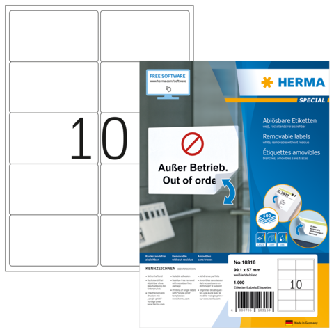 Entfernbare Etiketten mit der Aufschrift "Außer Betrieb" und der Nummer 10, verpackt von HERMA.