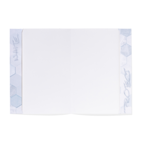 Leeres Notizbuch mit hexagonalen Mustern an den Rändern, bereit für Notizen oder Skizzen.