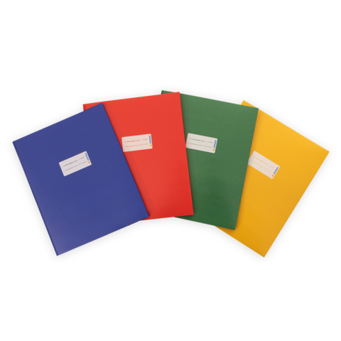 Bunte Ordner in Blau, Rot, Grün und Gelb, angeordnet in einer Reihe, mit Etiketten auf der Vorderseite.