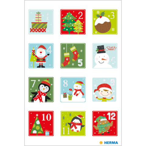 Weihnachtliche Aufkleber mit verschiedenen Motiven: Geschenke, Weihnachtsbaum, Plätzchen, Schneemann, Santa Claus, Socken und ein Pinguin.