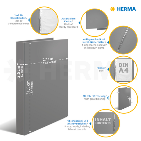 Gray binder with 4-ring mechanism, A4 size, including 10 clear pockets, sturdy cardboard, printed interior with table of contents.