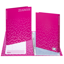 A pink folder with the label 'CERTIFICATES,' opened and featuring an inner pocket as well as a writable area for the name.