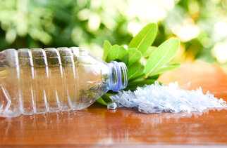 A empty plastic bottle lies next to fresh leaves and crumpled plastic waste on a wooden surface.