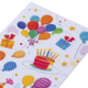 Bunte Aufkleber mit Luftballons, Geschenken und einer Geburtstagstorte mit Kerzen, ideal für Feierlichkeiten und Dekorationen.
