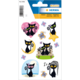 Aufkleber mit verschiedenen schwarzen Katzenmotiven, darunter Herzen, Sterne, Blumen und eine schlafende Katze in einem Zelt.