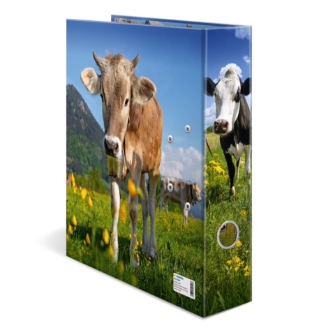 Two cows in a meadow with flowers and mountains in the background, one brown and one black-and-white.