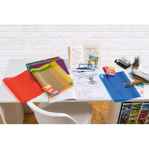 Bunte Ordner und Schreibmaterialien auf einem Schreibtisch, daneben ein Notizbuch, ein Hefter und eine kleine Pflanze.