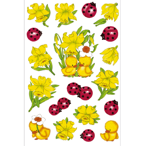 Gelbe Narzissen und Marienkäfer auf einem weißen Hintergrund, mit einigen Küken und einer Blume in der Mitte.