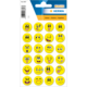 Eine Sammlung von gelben Aufklebern mit verschiedenen Gesichtsausdrücken, darunter lächelnde, traurige und überraschte Emojis.